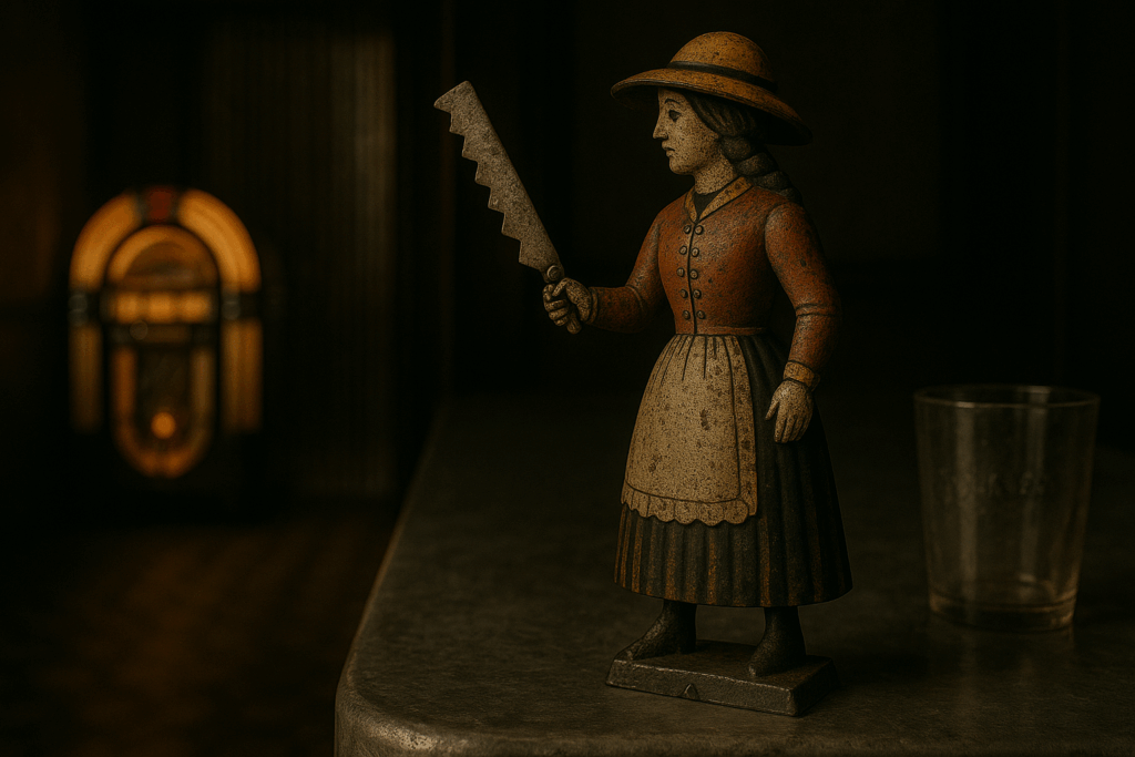 Petite statue ancienne de femme en bois peinte, posée sur un comptoir de café belge avec un verre et un juke-box en arrière-plan