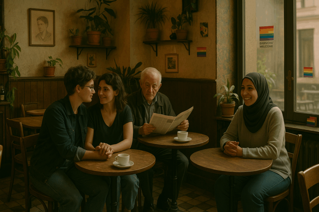 Café inclusif avec jeunes femmes, homme âgé et femme voilée – ambiance chaleureuse et ouverte