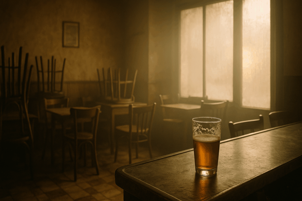 Verre de bière sur le comptoir d’un vieux café belge baigné de lumière dorée
