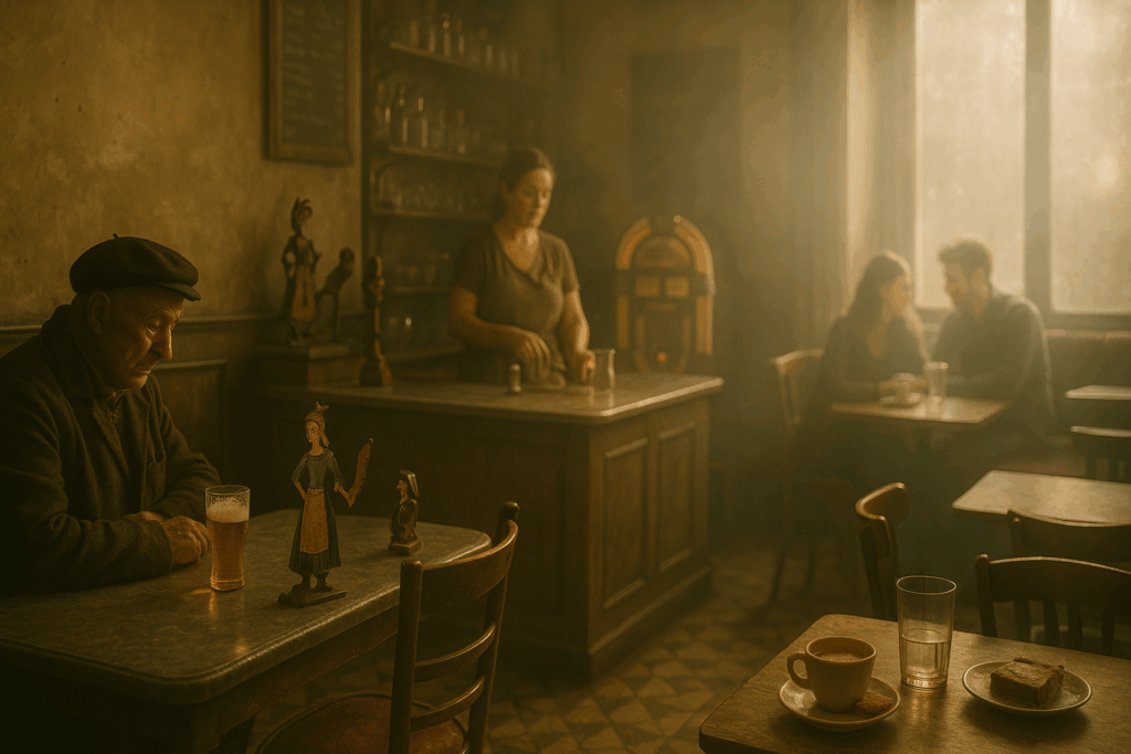 Vieil homme au comptoir d’un café populaire belge, ambiance rétro et lumière douce