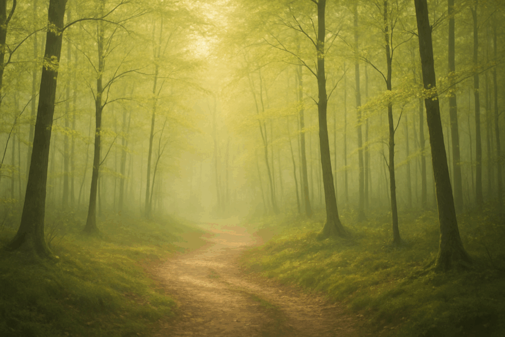 Sentier forestier au printemps traversant une forêt de hêtres baignée de brume dorée