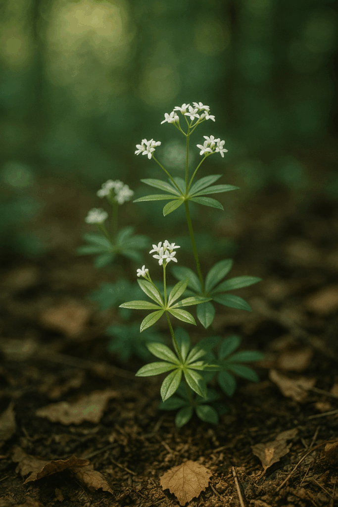 Aspérule odorante en fleurs au sol d’une forêt printanière, sous une lumière douce