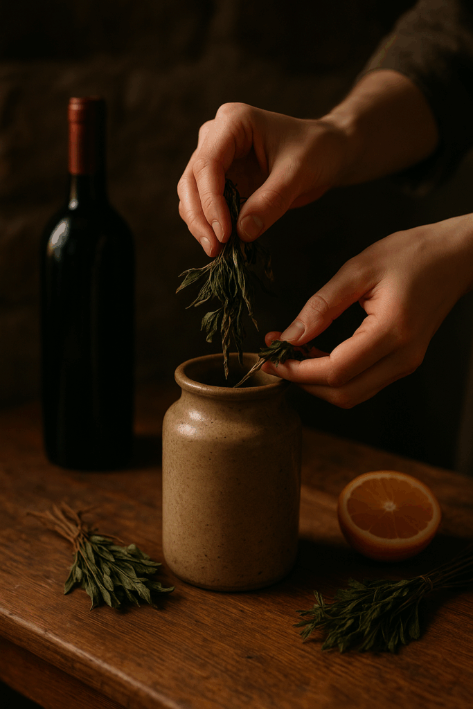Mains plaçant de l’aspérule odorante séchée dans un pot en céramique, avec vin et orange sur une table en bois