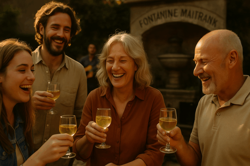 Groupe de personnes trinquant avec des verres de Maitrank devant la fontaine de la fête à Arlon