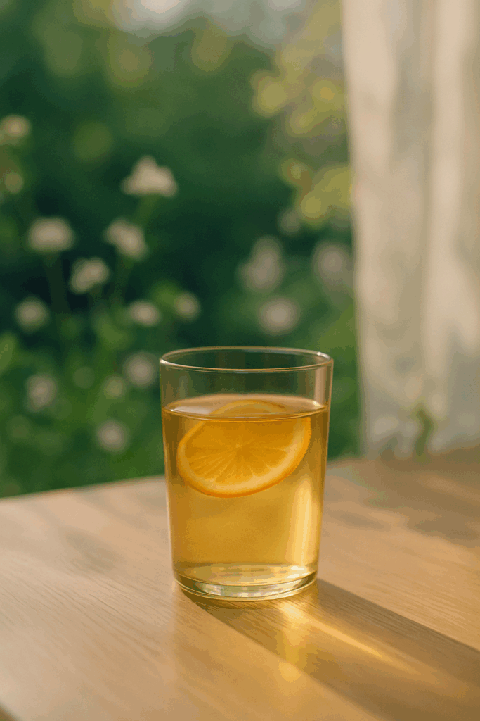 Verre de Maitrank doré avec rondelle d’orange, posé sur une table baignée de lumière printanière