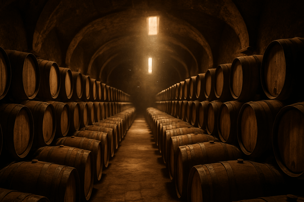 Fûts de chêne dans une cave silencieuse, évaporation alcoolique