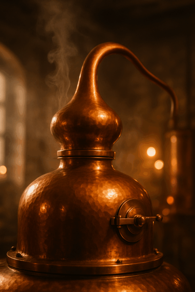 Alambic en cuivre brillant dans une distillerie artisanale, lueur dorée et vapeur flottante