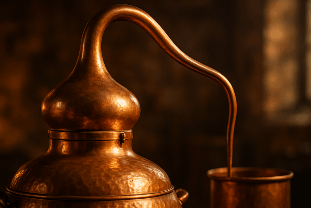 Alambic en cuivre traditionnel éclairé par une lumière chaude, évoquant l’art ancien de la distillation