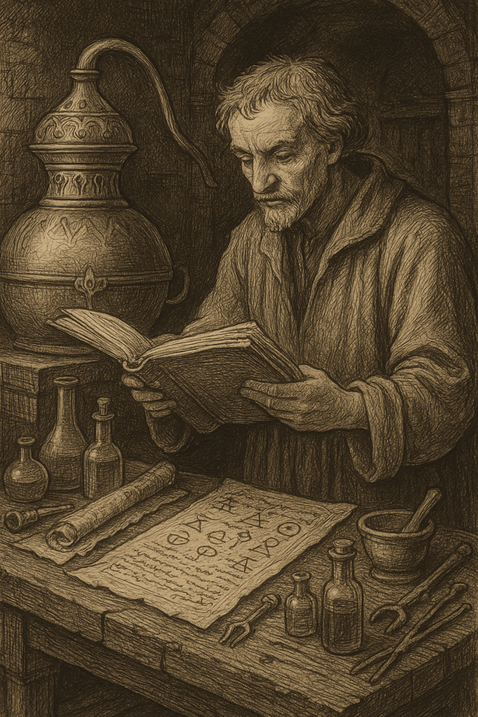 Gravure ancienne d’un alchimiste lisant un grimoire devant son alambic, dans un laboratoire