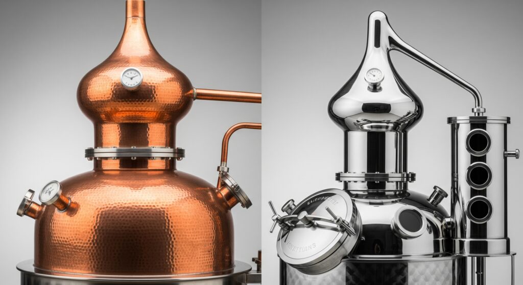 Comparaison entre un alambic en cuivre martelé et un alambic moderne en inox pol