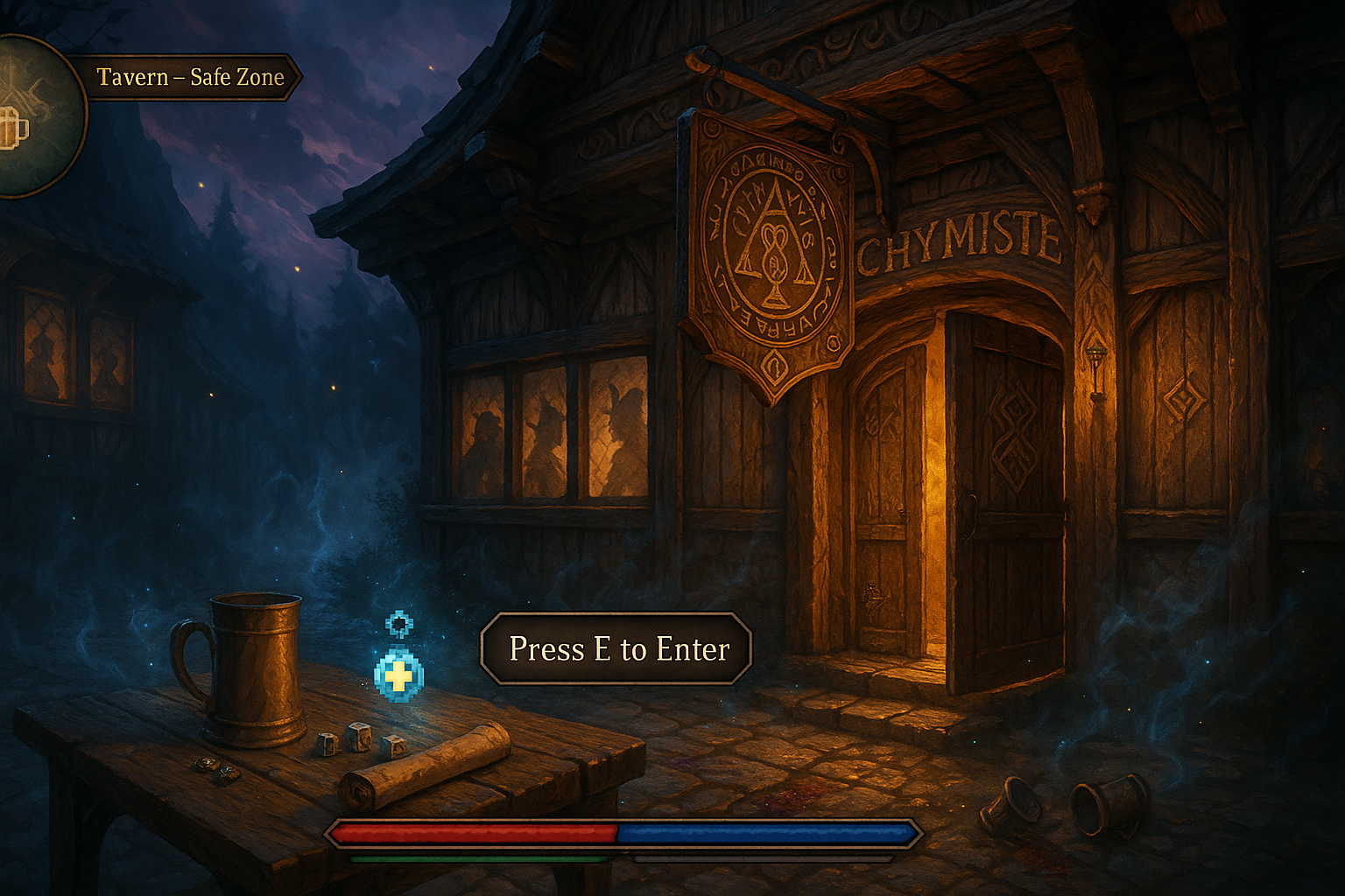 Entrée nocturne et mystérieuse d'une taverne médiévale fantastique nommée L'Alchymiste.
