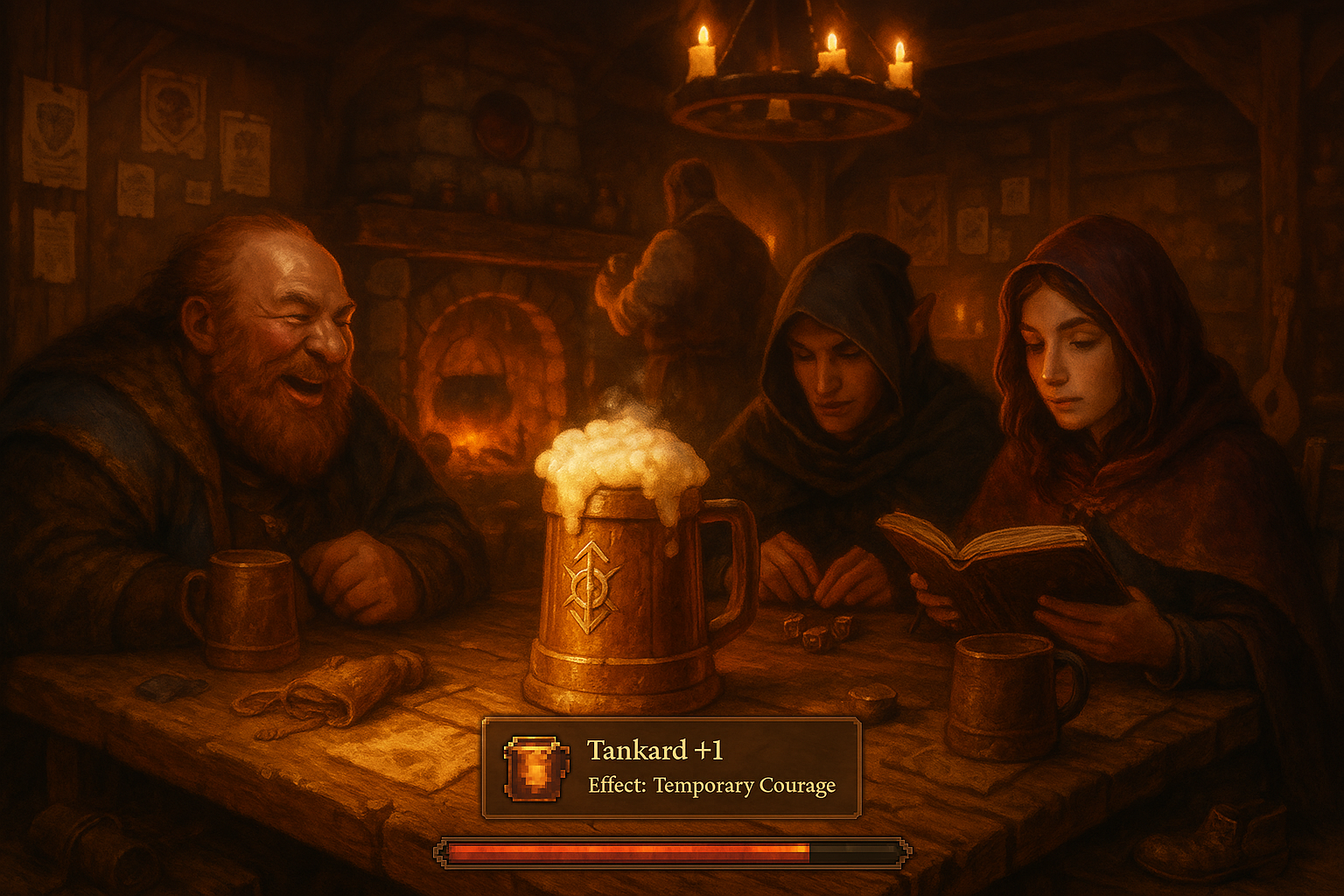 Intérieur chaleureux d'une taverne médiévale fantastique avec des aventuriers attablés près d'une cheminée.