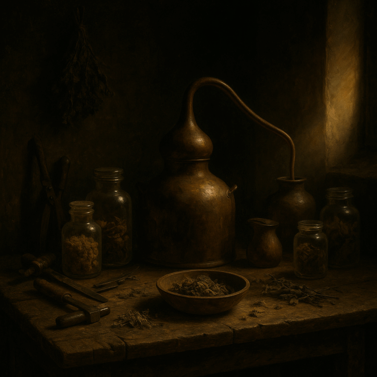 Atelier d’artisan distillateur éclairé en clair-obscur, avec outils et matières premières