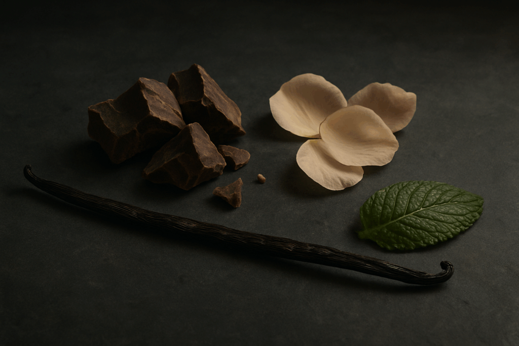 Vanille, cacao brut, pétales de rose et feuille de menthe posés sur une ardoise sombre