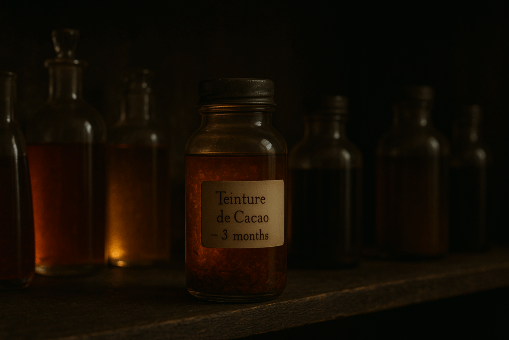 Flacon de teinture de cacao vieilli parmi d'autres macérations sur une étagère sombre