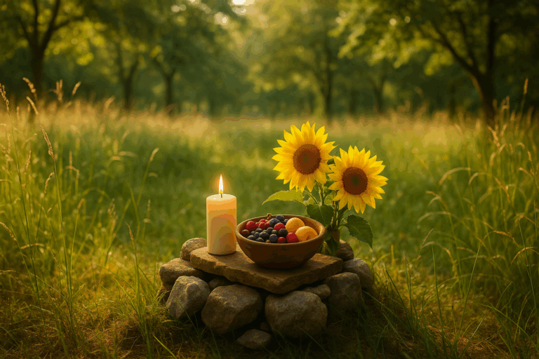 Autel de Litha dans une clairière au solstice d’été