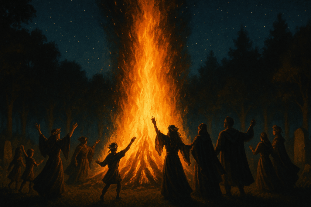 Feu de joie rituel lors du solstice d’été entouré de silhouettes