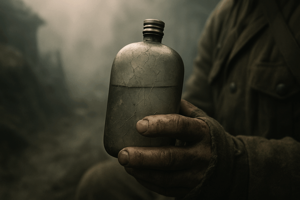 Main d’un soldat tenant une gourde métallique usée dans une tranchée brumeuse