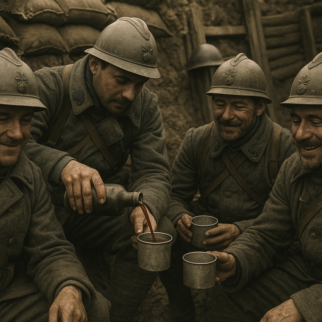 Soldat tenant une gourde métallique dans une tranchée boueuse – guerre 14–18