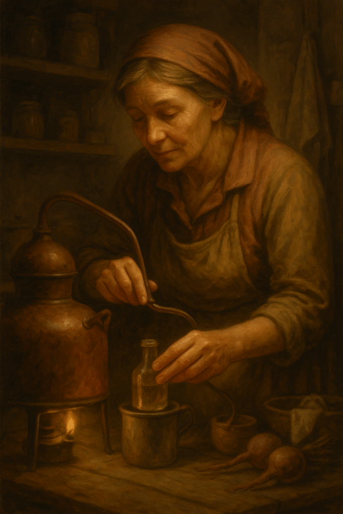 Femme âgée distillant une eau-de-vie artisanale à la main, à l’aide d’un petit alambic en cuivre