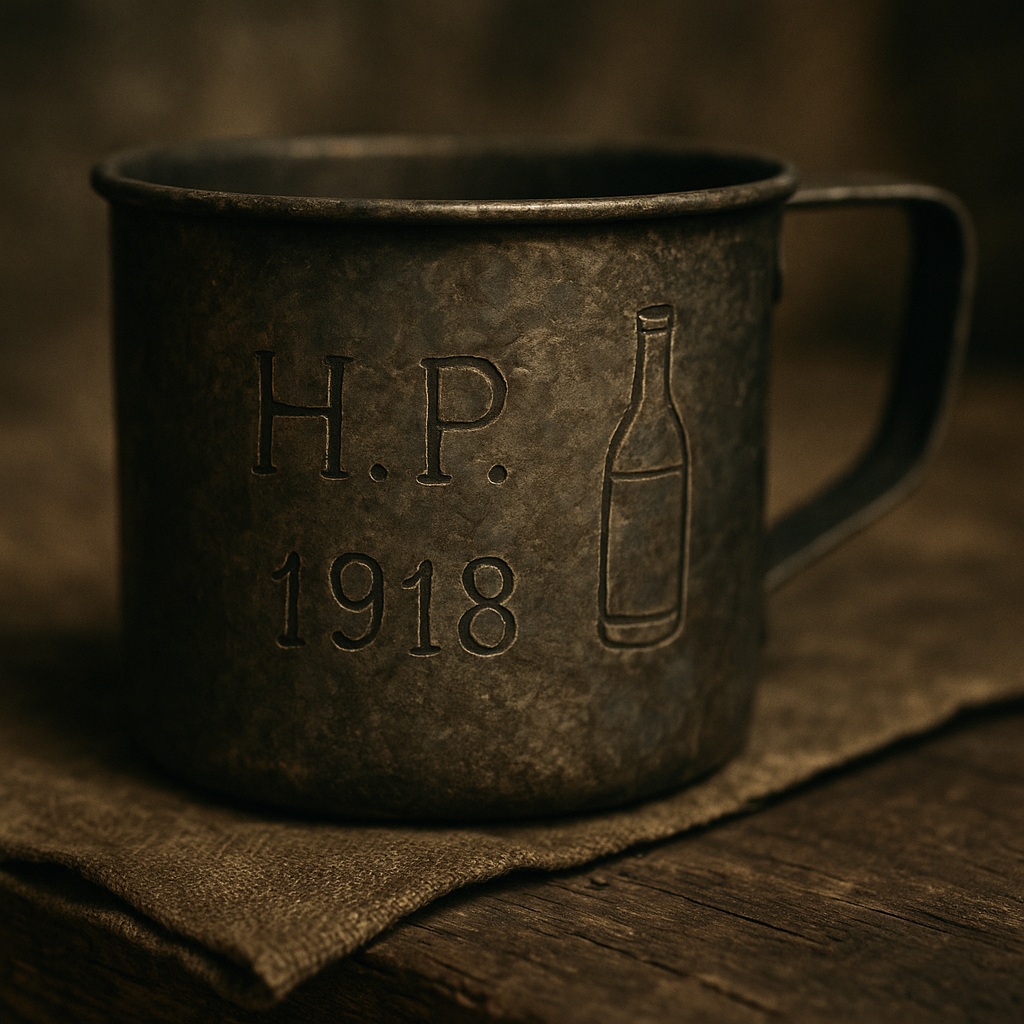 Tasse métallique gravée de motifs de guerre, accrochée à l’équipement d’un soldat