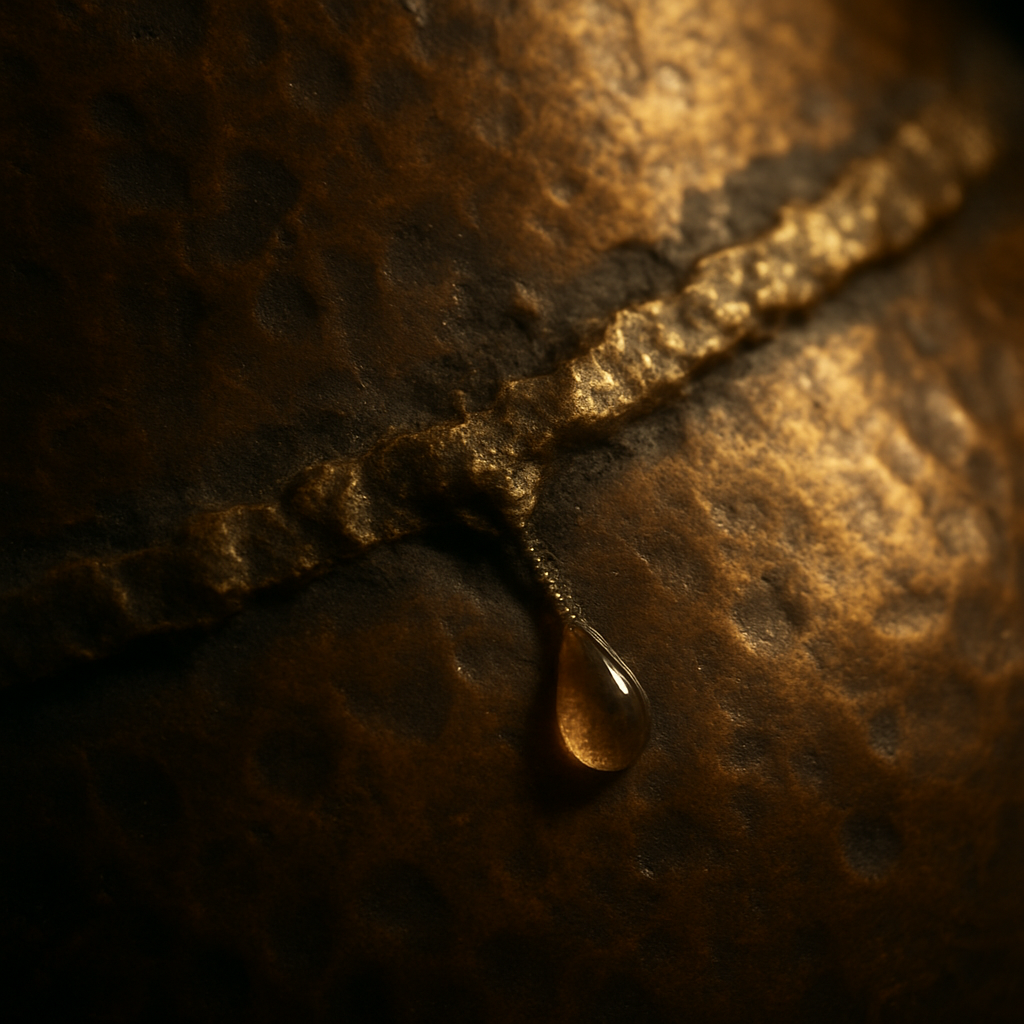 Goutte de condensation sur la soudure d’un alambic en cuivre ancien