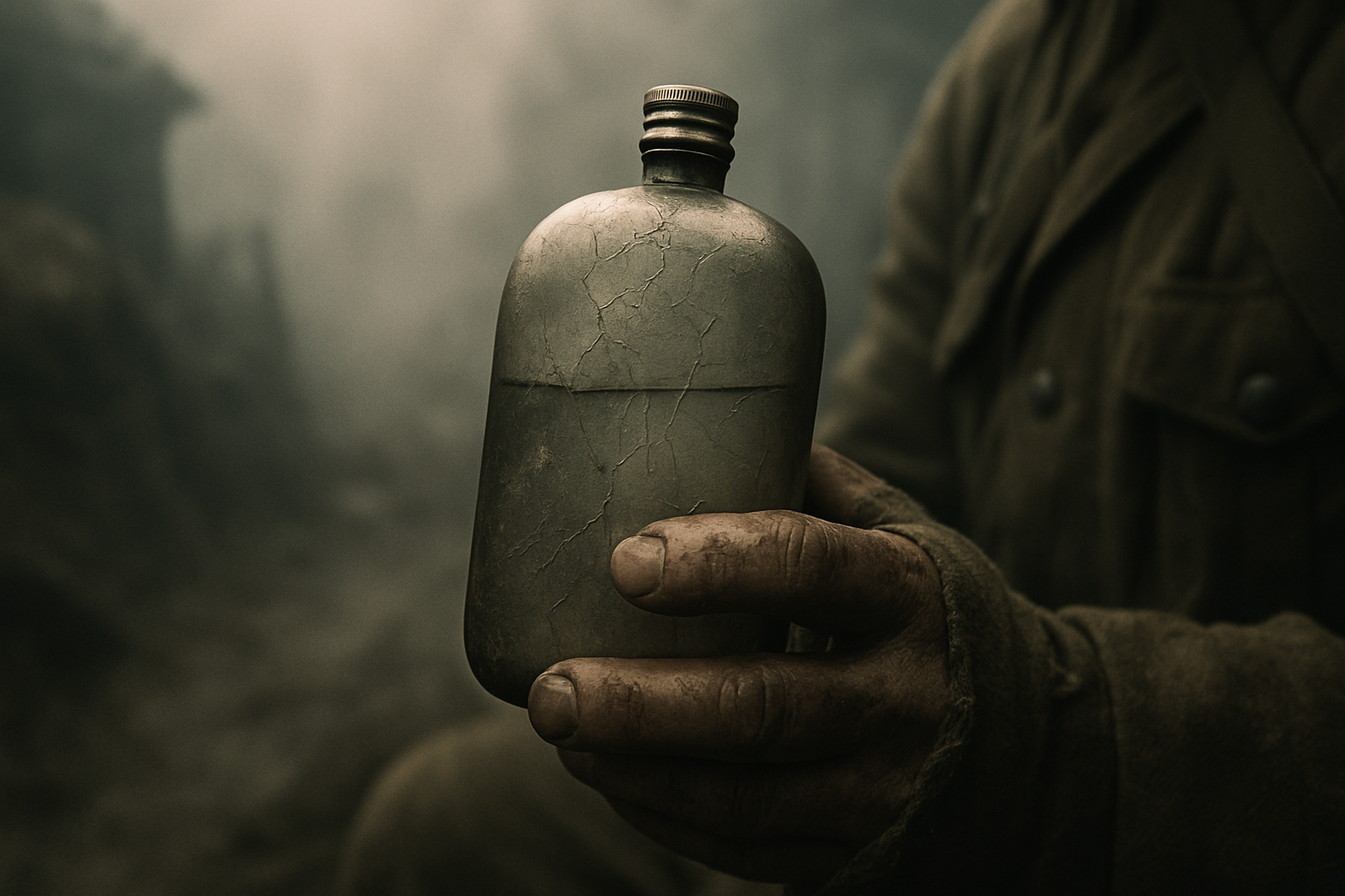 Main d’un soldat tenant une gourde métallique usée dans une tranchée brumeuse