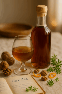 Verre de liqueur ambrée posé à côté d’une bouteille cachetée, de noix, d’écorces d’orange et d’un carnet manuscrit titré “Chez Mich”.