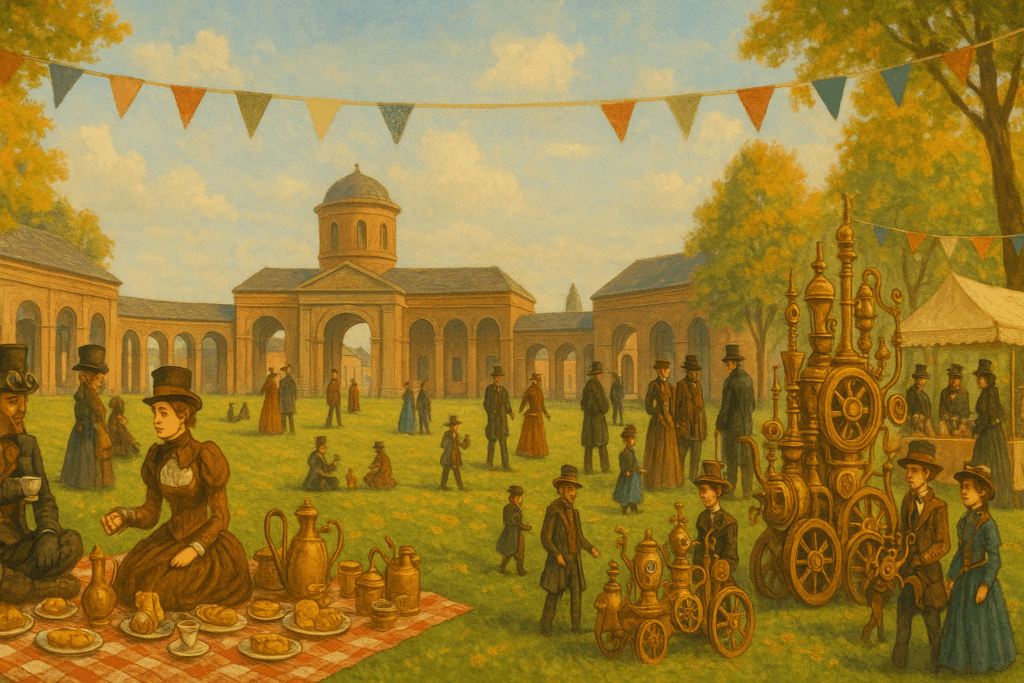 Scène de pique-nique et d'exposition steampunk dans un jardin victorien, avec personnages en habits d'époque et machines rétro-futuristes.