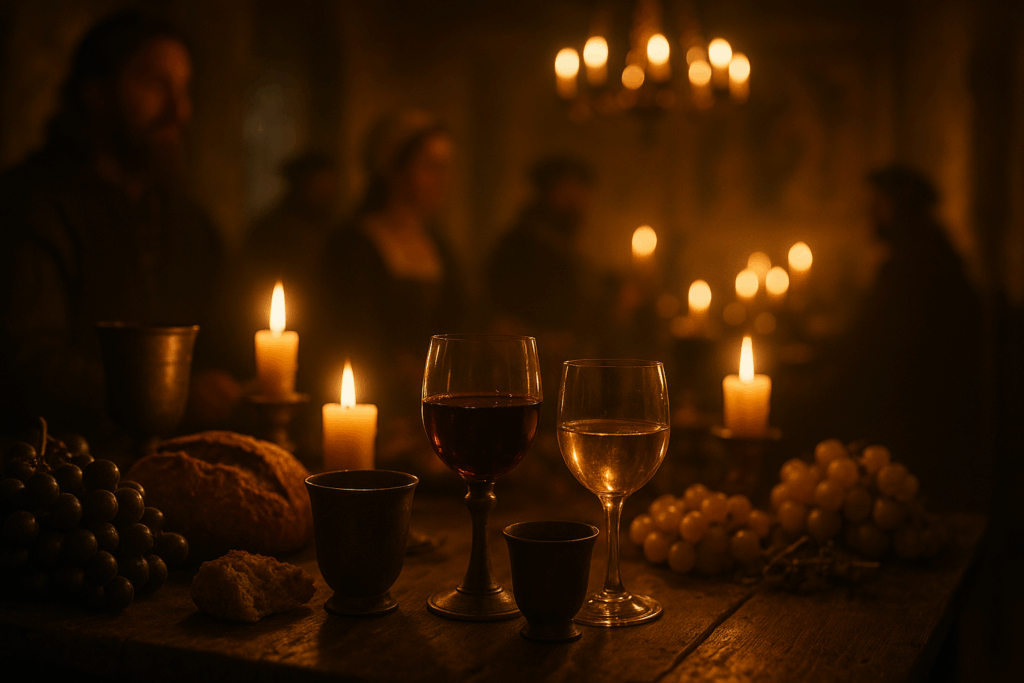 Scène chaleureuse d’un banquet médiéval éclairé à la bougie. Au premier plan : une table rustique en bois chargée de grappes de raisin, de pain, de coupes en métal et de verres de vin rouge et blanc. L’arrière-plan, flou, laisse deviner des convives en habits d’époque, baignant dans une lumière dorée et tamisée. L’ambiance est intime, conviviale, presque sacrée, évoquant un festin d’autrefois.