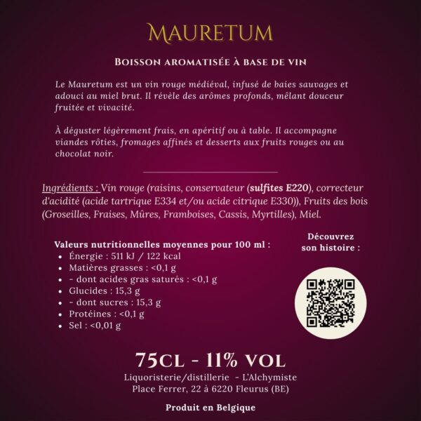 Étiquette arrière du Mauretum – ingrédients et valeurs nutritionnelles
