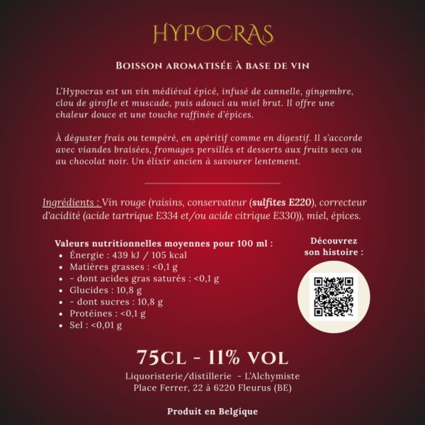 Étiquette arrière de l’Hypocras – ingrédients, valeurs nutritionnelles et mentions légales.