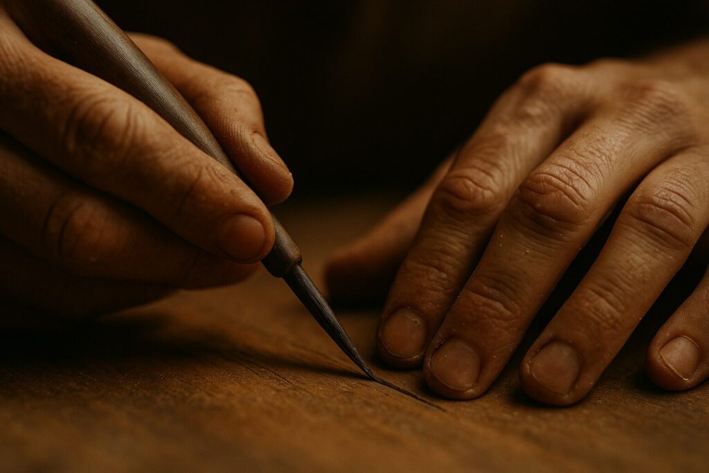 Main traçant une ligne fine sur du bois avec un outil de gravure, en lumière chaude